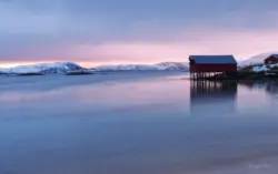 Scheune am Fjord im frühen Morgenlicht