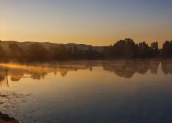 Sonnenflecken auf Nebelschwaden an einem Seeufer