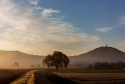 Starkenburg im Morgenlicht aufgenommen vom Feldrand
