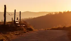 Bank am Wegrand im goldenen Licht des Tages
