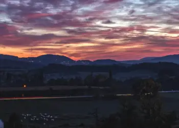 Blick auf eine Landstraße im Tagesbeginn