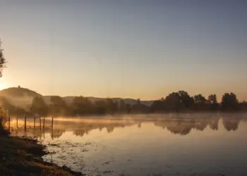 Ufer mit Blick auf eine Sonnengetränkte Nebellandschaft
