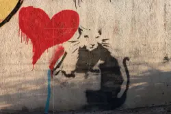 Wandgraffiti mit rotem Herz und Katze